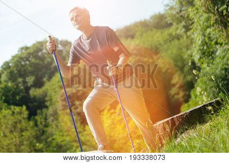 Beautiful nature. Happy sporty nice man holding walking poles and looking around while enjoying the scenery