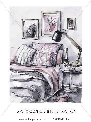 Hand drawn interior design card. Watercolor modern bedroom illustration. Romantic scandinavian style.