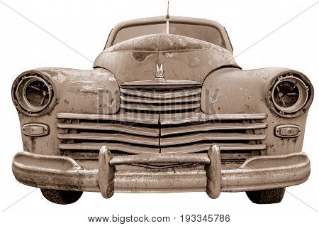 Korolev Russia - June 23 2014: Vintage soviet automobile Pobeda isolated on white background.