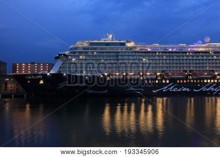 Amsterdam The Netherlands - May 11th 2017: Mein Schiff 3 TUI Cruises docked at Passenger Terminal Amsterdam
