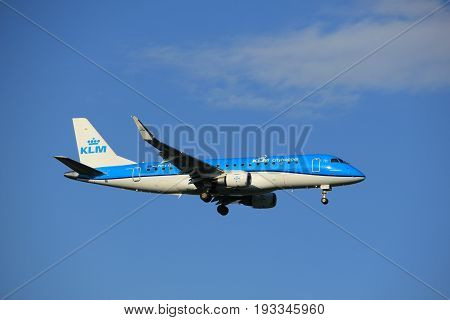 Amsterdam the Netherlands - May 20th 2017: PH-EXI KLM Cityhopper Embraer ERJ-175STD approaching Schiphol Polderbaan runway