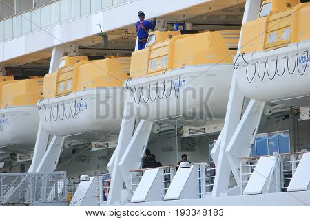 IJmuiden the Netherlands - April 30th 2017: Aida Sol docked at the Felison Cruise Terminal detail of safety vessels