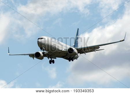 SHEREMETYEVO MOSCOW REGION RUSSIA - June 28 2017: Boeing 737-800 of Aeroflot Airlines in the SkyTeam livery makes a landing at Sheremetyevo International Airport.
