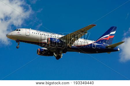SHEREMETYEVO MOSCOW REGION RUSSIA - June 28 2017: Sukhoi Superjet 100 (SSJ 100-95B) of Aeroflot Airlines makes a landing at Sheremetyevo International Airport.