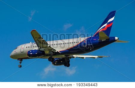 SHEREMETYEVO MOSCOW REGION RUSSIA - June 28 2017: Sukhoi Superjet 100 (SSJ 100-95B) of Aeroflot Airlines makes a landing at Sheremetyevo International Airport.