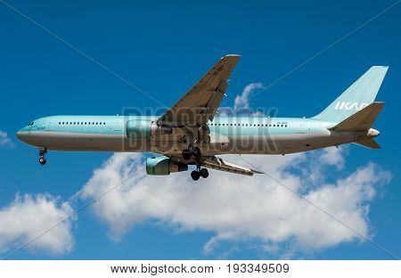 SHEREMETYEVO MOSCOW REGION RUSSIA - June 28 2017: Boeing 767-300 of Ikar Airlines makes a landing at Sheremetyevo International Airport.