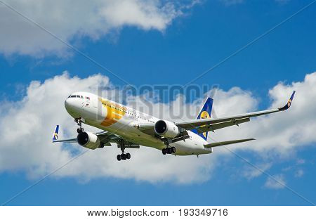 SHEREMETYEVO MOSCOW REGION RUSSIA - June 28 2017: Boeing 767-300 ER of MIAT Mongolian Airlines makes a landing at Sheremetyevo International Airport.