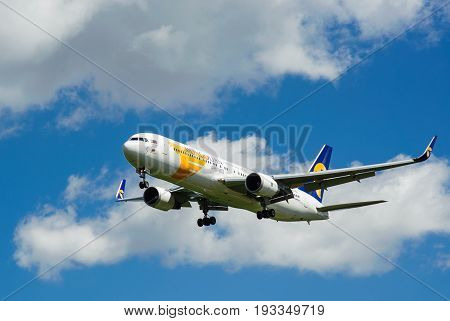 SHEREMETYEVO MOSCOW REGION RUSSIA - June 28 2017: Boeing 767-300 ER of MIAT Mongolian Airlines makes a landing at Sheremetyevo International Airport.