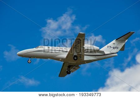 SHEREMETYEVO MOSCOW REGION RUSSIA - June 28 2017: Cessna 525A CitationJet Cj2+ makes a landing at Sheremetyevo International Airport.
