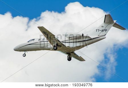 SHEREMETYEVO MOSCOW REGION RUSSIA - June 28 2017: Cessna 525A CitationJet Cj2+ makes a landing at Sheremetyevo International Airport.