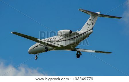 SHEREMETYEVO MOSCOW REGION RUSSIA - June 28 2017: Cessna 525A CitationJet Cj2+ makes a landing at Sheremetyevo International Airport.