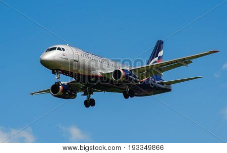 SHEREMETYEVO MOSCOW REGION RUSSIA - June 28 2017: Sukhoi Superjet 100 (SSJ 100-95B) of Aeroflot Airlines makes a landing at Sheremetyevo International Airport.