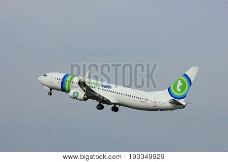 Amsterdam the Netherlands - June 2nd 2017: PH-HSG Transavia Boeing 737-800 taking off from Polderbaan Runway Amsterdam Airport Schiphol
