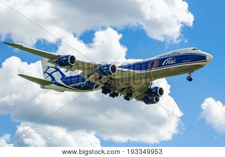 SHEREMETYEVO MOSCOW REGION RUSSIA - June 28 2017: Boeing 747-8F of AirBridgeCargo Airlines makes a landing at Sheremetyevo International Airport.
