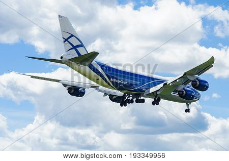 SHEREMETYEVO MOSCOW REGION RUSSIA - June 28 2017: Boeing 747-8F of AirBridgeCargo Airlines makes a landing at Sheremetyevo International Airport.
