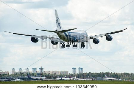 SHEREMETYEVO MOSCOW REGION RUSSIA - June 28 2017: Boeing 747-8F of AirBridgeCargo Airlines makes a landing at Sheremetyevo International Airport.