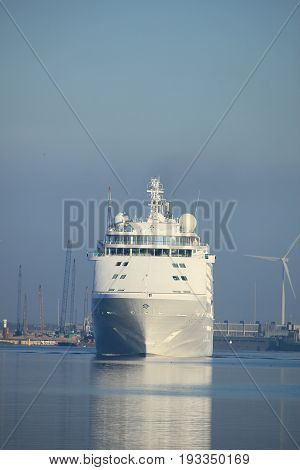 Velsen The Netherlands - June 18th 2017: Silver Whisper- Silversea Cruises on North Sea Channel towards Amsterdam Cruise terminal