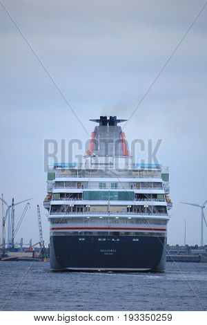 Velsen The Netherlands - April 27th 2017: Balmoral Fred Olsen Cruise Lines in North Sea Canal towards IJmuiden sealock