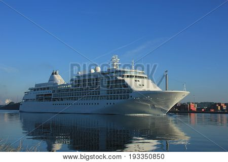 Velsen The Netherlands - June 18th 2017: Silver Whisper- Silversea Cruises on North Sea Channel towards Amsterdam Cruise terminal