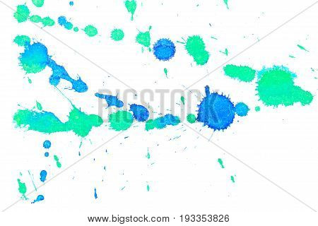 Abstract two-color blue green ink splash. Ink blots. Elements of design. The water-soluble ink on white paper Leste. Abstractionism