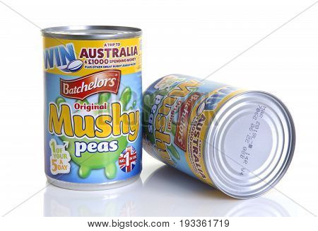 SWINDON UK - JUNE 11 2017: Two Tins of Batchelors Original Mushy Peas on a white background