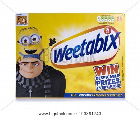 SWINDON UK - JUNE 11 2017: 24 pack of Weetabix Weetabix is a whole grain wheat breakfast cereal produced by Weetabix Limited