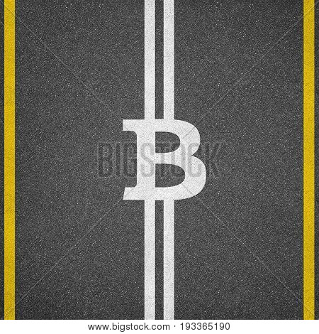 Asphalt texture background with lines and bitcoin sign