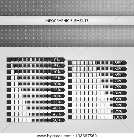0 to 100 percent graph charts. Vector percentage infographics. Download arrow signs. Isolated business icons. Symbols for marketing web design