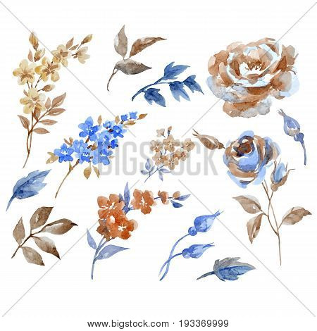 Beautiful vector set with watercolor hand drawn abstract flowers on tranparent background