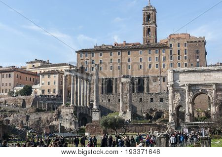 Tourists visiting the Roman Forum on December 28, 2013, in Rome, Italy