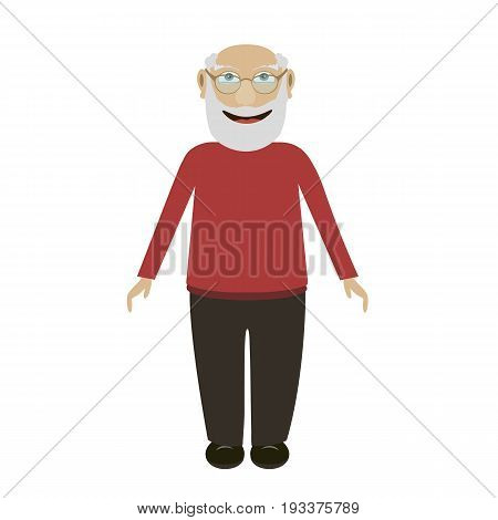 Cartoon elderly man in glasses and with a beard stands and smiles a flat vector character. Vector illustration of a smiling grandfather in a flat style