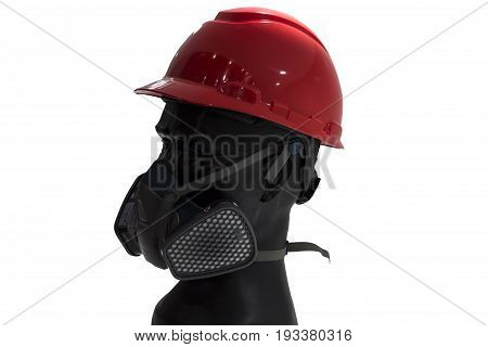 a mannequin with Safety helmets and gas filter mask; white background; Working Hard Hat;Personel Protection Equipment PPE;clipping mask