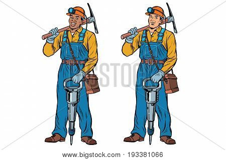 African and Caucasian miners with jackhammer pickaxe. Pop art retro vector illustration