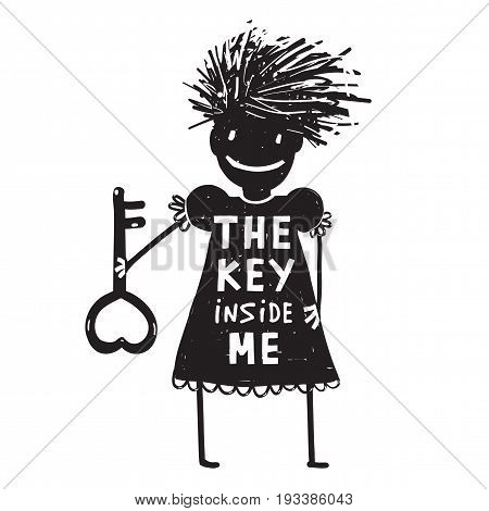 Woman holding a key with a sign key inside me. Vector illustration