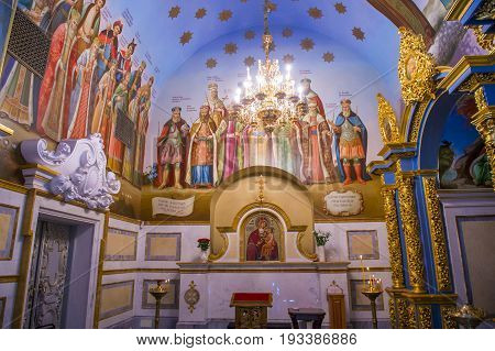 KIEV UKRAINE - JUNE 05 : The interior of the Pechersk Lavra monastery in Kiev Ukraine on June 05 2017 The Pechersk Lavra is unesco world heritage site since 1990