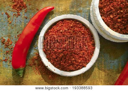 Red Hot Chili Cayenne Pepper Fresh And Dried Powdered Spice, Ready To Use.