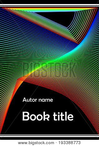 Modern book cover brochure poster bill flyer paperback textbook template with abstract rainbow line decoration on black background.
