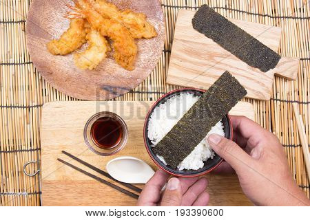 Chef decorated tempura on rice / Cooking Tempura concept