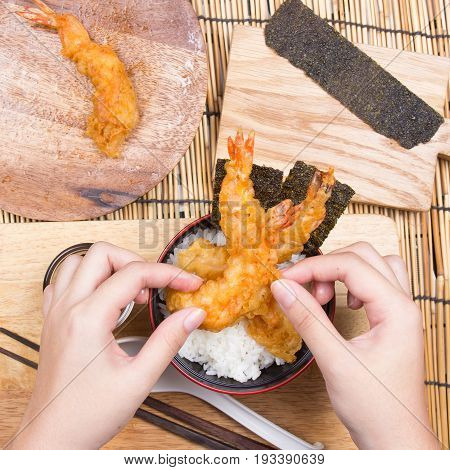 Chef decorated tempura on rice / Cooking Tempura concept