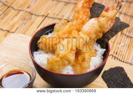 Chef decorated tempura on rice / Cooking Tempura concept