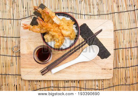 Chef decorated tempura on rice / Cooking Tempura concept