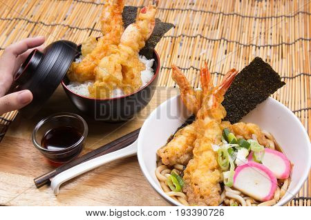 Tempura on rice and Udon Ramen / Cooking Tempura concept