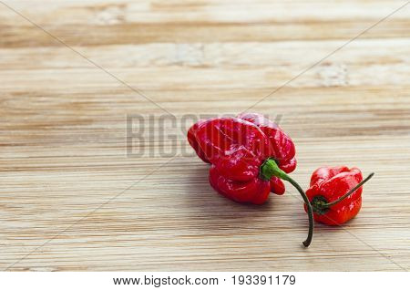 fiery red komodo dragon chillies on a wooden background
