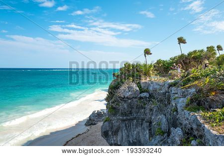 Tulum Mexico - April 20 2016: Sea view from the Mayan city archaeological site