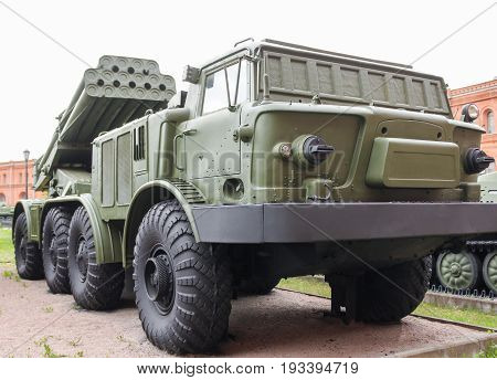 St. Petersburg Russia - 28 May, Combat machine of the rocket fire system Uragan, 28 May, 2017.
Military History Museum of combat equipment in St. Petersburg.