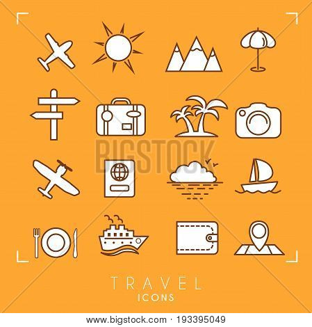 Travel and vacation icons set on orange background. Plane sun umbrella suitcase palms camera pass horizon yacht ship wallet map arrows mountains.