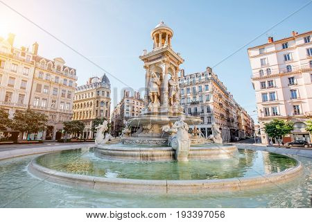 Morning view on Jacobins square and beautiful fountain in Lyon city, France