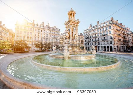 Morning view on Jacobins square and beautiful fountain in Lyon city, France