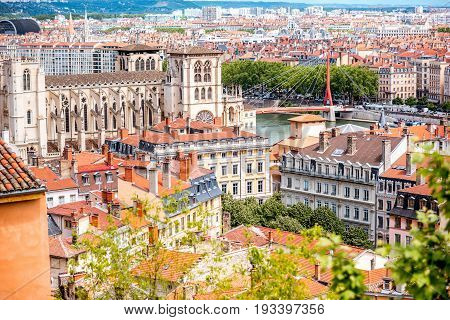 Aerial cityscape view with saint Johns cathedral and beautiful buildings in Lyon city