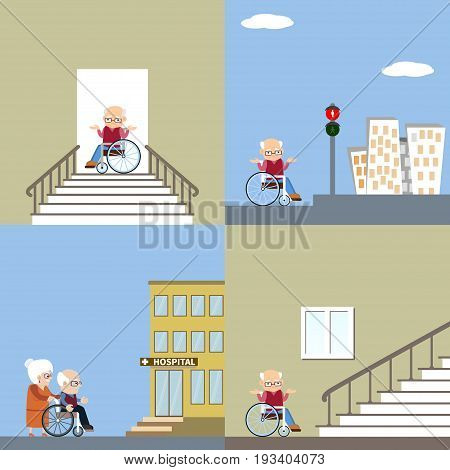 Set of vector illustration of difficulties of access for people with disability. Senior man in a wheelchair near the stairs and on the streets. Flat design. Problem of barrier free environment for physically challenged people.